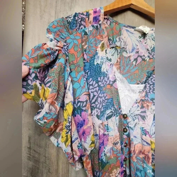 Anthropologie Akemi+Kin Valencia Sheer Multicolor Floral Boho Ruched Sleeves XS - Picture 7 of 16